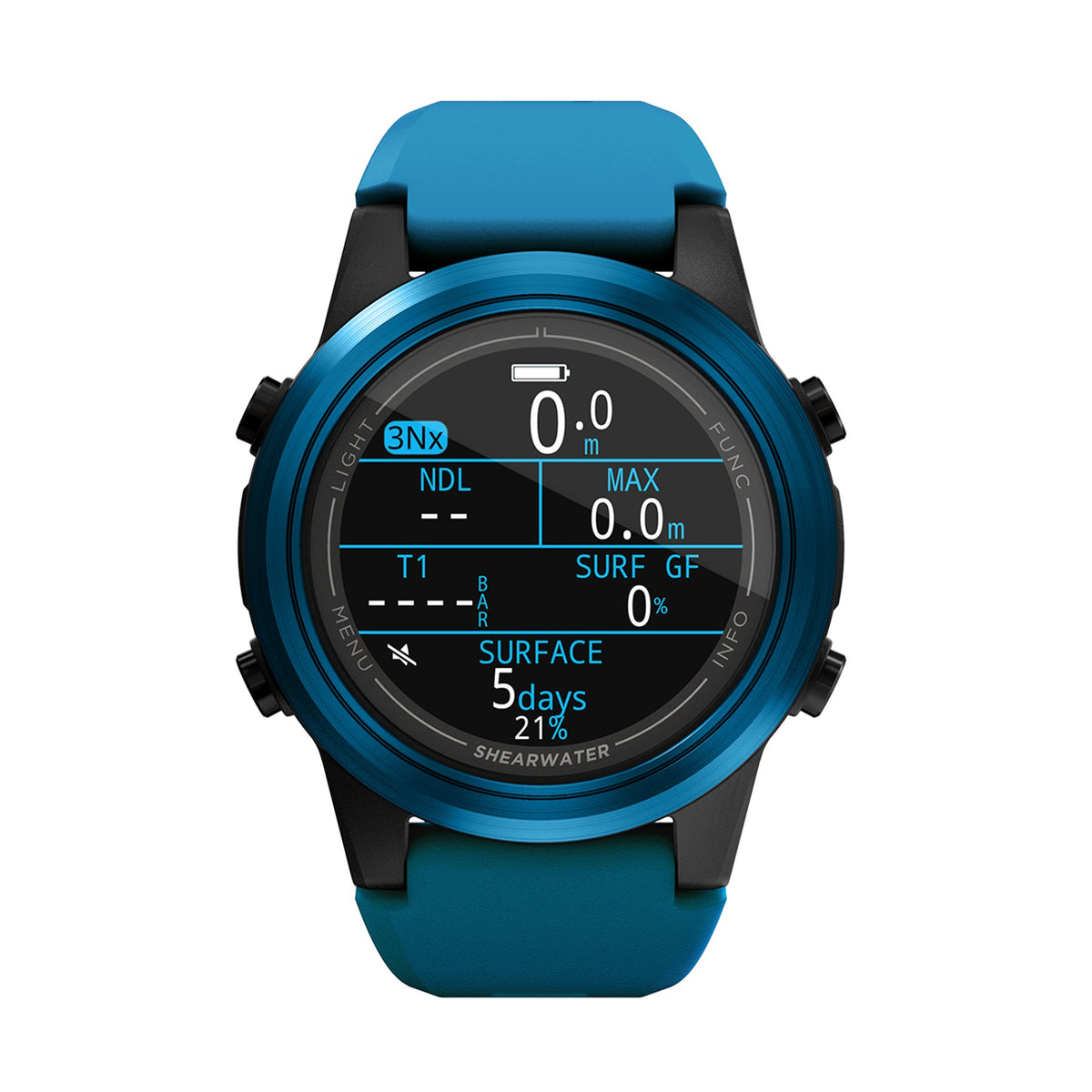 Shearwater Tern TX in blue, front view showing the surface screen with nitrox and battery days