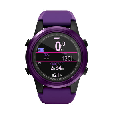 Shearwater Tern TX in purple, front view showing the surface screen and tank pressure