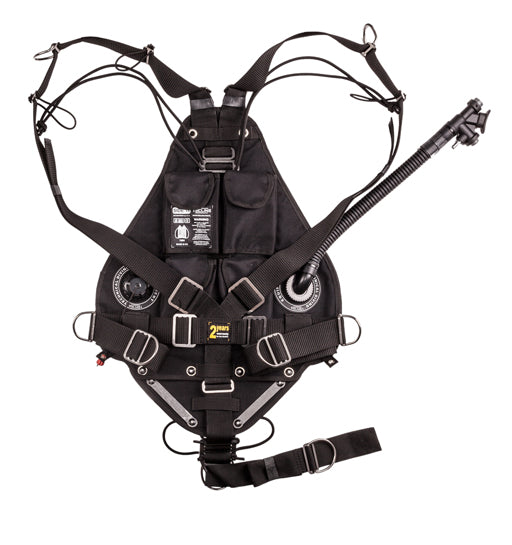 Tecline Side 16 Avenger sidemount BCD in black, back view of the flat bladder