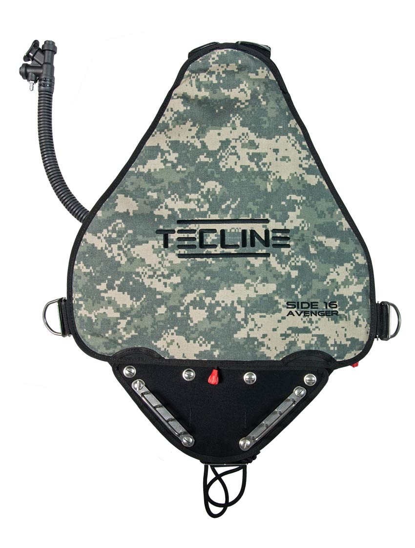 Tecline Side 16 Avenger Camo sidemount BCD, back view in grey digital camouflage
