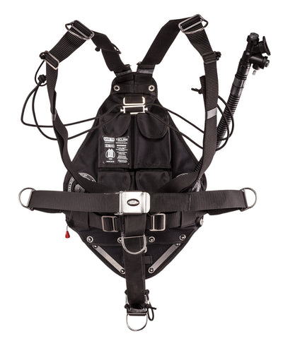 Tecline Side 16 Avenger harness from the front, showing D-rings, chest strap and waist belt