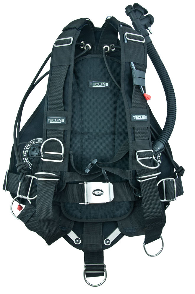 Tecline Side 16 sidemount BCD in black, back view with the dump valve detail inset