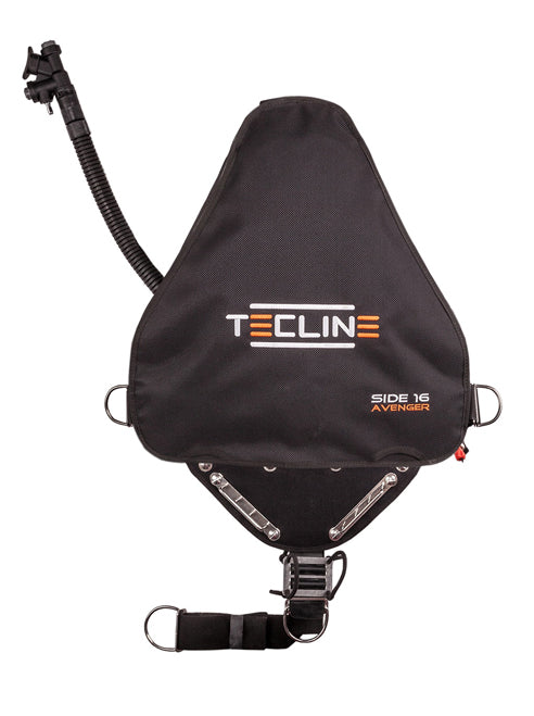 Tecline Side 16 Avenger sidemount BCD in black, back view of the flat bladder