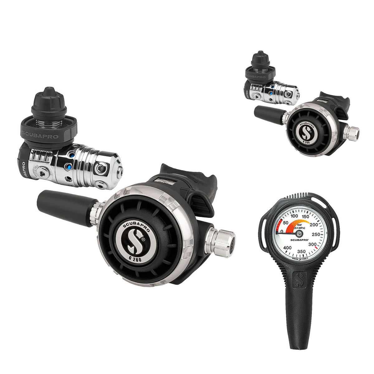 SCUBAPRO sidemount regulator kit: two MK25 EVO / G260 regulators and a Compact SPG