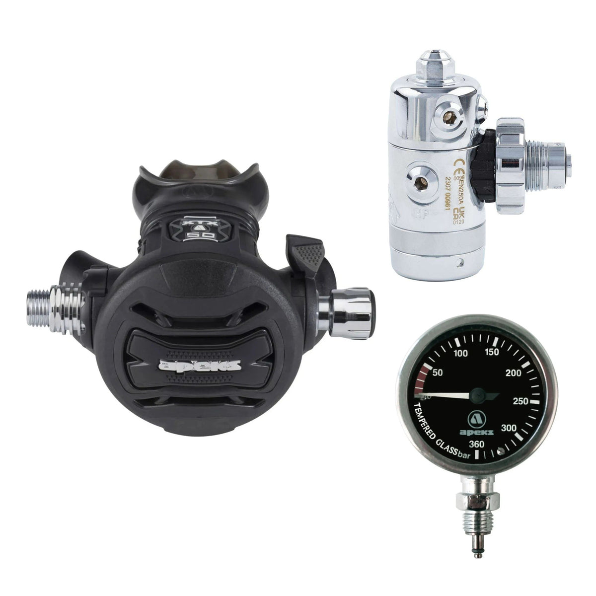 Apeks XTX50 sidemount set: XTX50 second stage, DST 5-port first stage and TEK pressure gauge