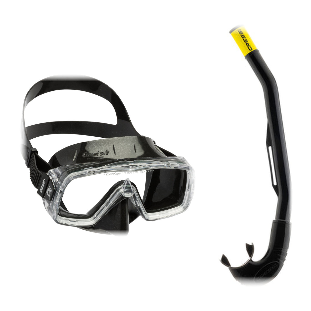 Cressi Sirena mask in black and Island 2.0 snorkel in black with neon yellow