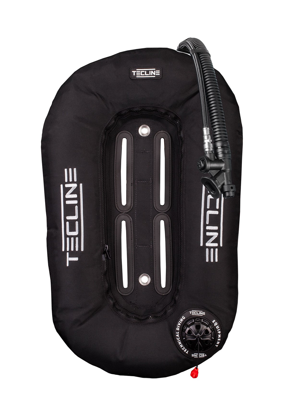Tecline Donut 10 wing in black, front view with the inflator and tank band slots