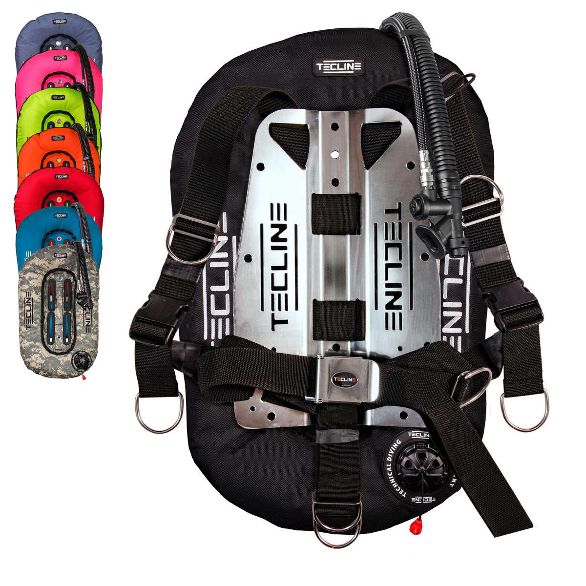 Tecline Donut 13 Start Mono set in black with QR harness and stainless steel backplate, colour options inset