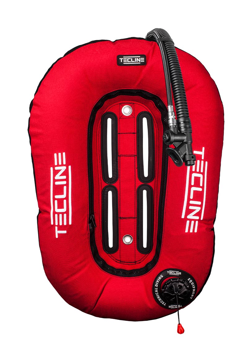 Tecline Donut 13 wing in black, front view with the inflator and tank band slots