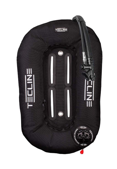Tecline Donut 15 wing in black, front view with the inflator and tank band slots