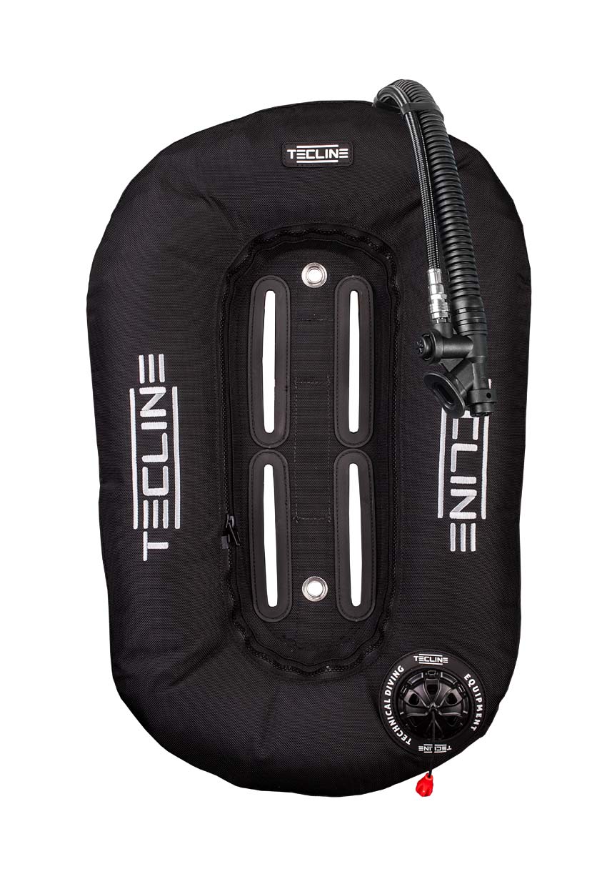 Tecline Donut 15 wing in black, front view with the inflator and tank band slots