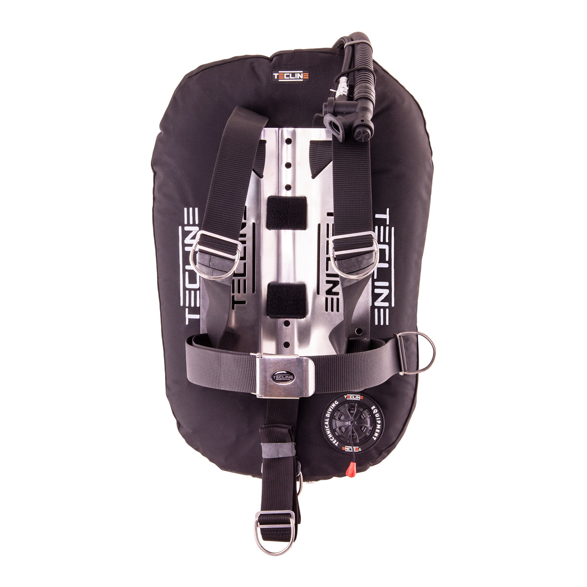 Tecline Donut 17 DIR set in black, harness side with the stainless steel backplate