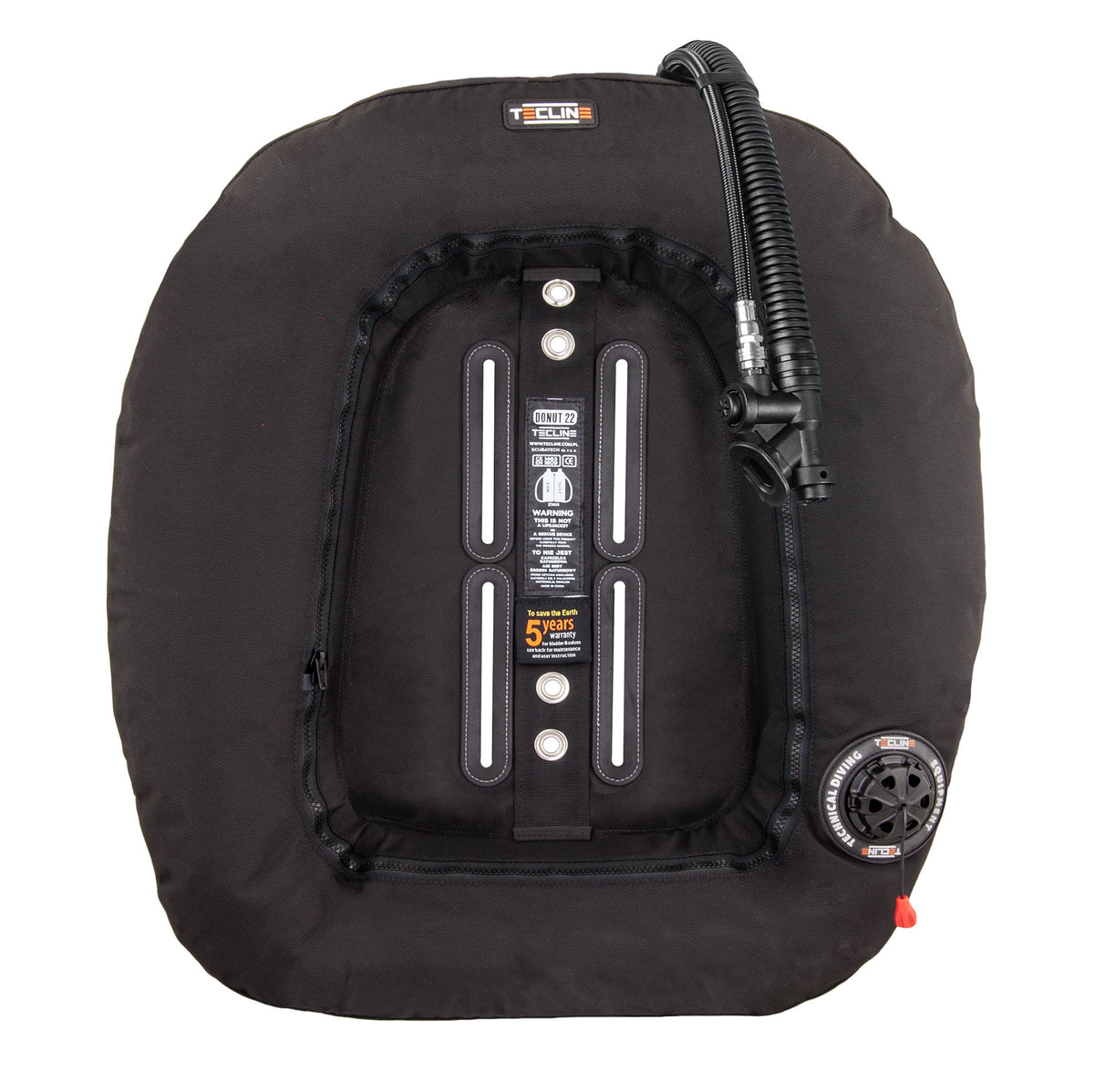 Tecline Donut 22 twinset wing in black, front view with the inflator and bolt holes