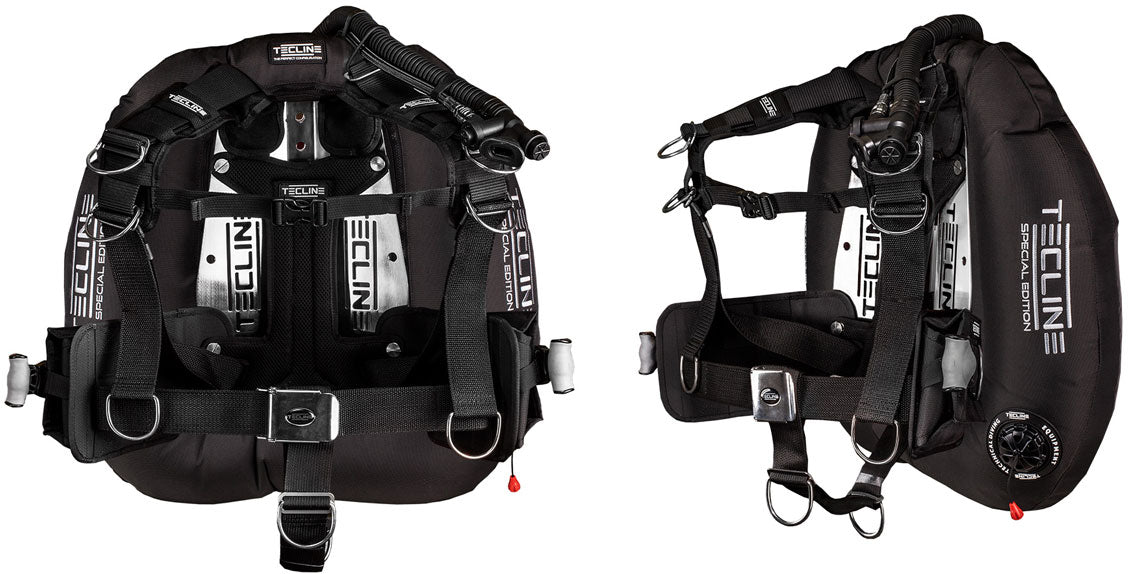 Tecline Donut 22 Special Edition Full Comfort set in black with weight pockets, harness side and side view