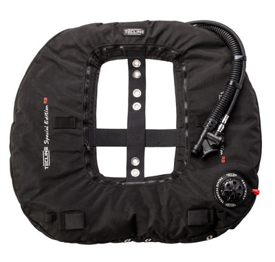 Tecline Donut 22 Special Edition Rebreather II wing in black, front view with the inflator