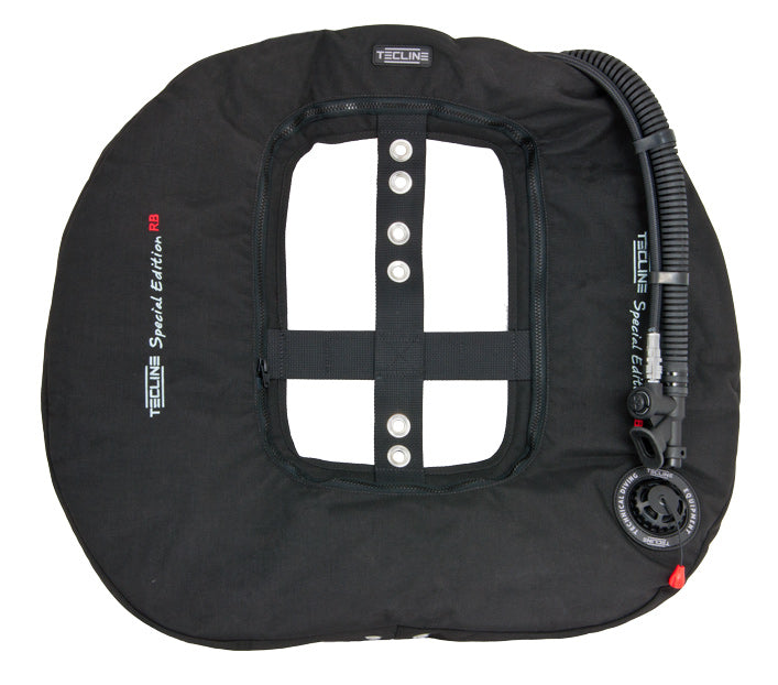 Tecline Donut 22 Special Edition Rebreather wing in black, front view with the inflator