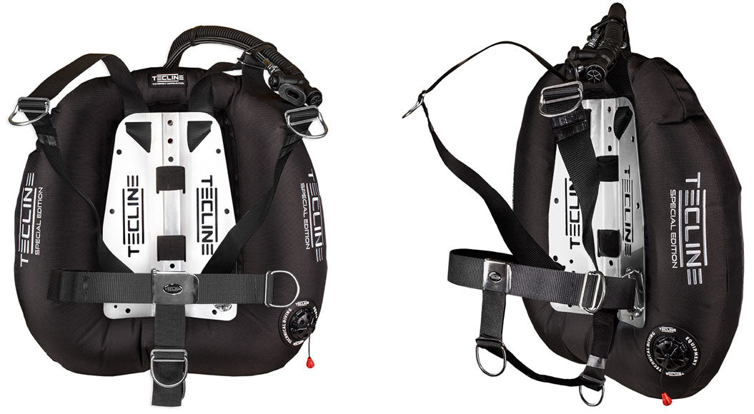 Tecline Donut 22 Special Edition adjustable DIR set in black, harness side and side view