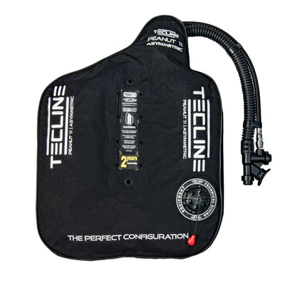Tecline Peanut 11 asymmetric wing in black, front view with the inflator