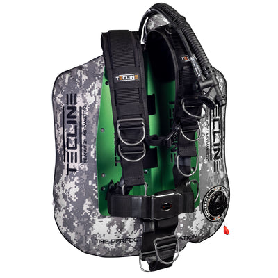 Tecline Peanut colour set with camo grey wing and green aluminium backplate on the Comfort harness