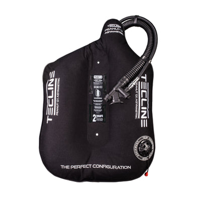 Tecline Peanut 13 asymmetric wing in black, front view with the inflator