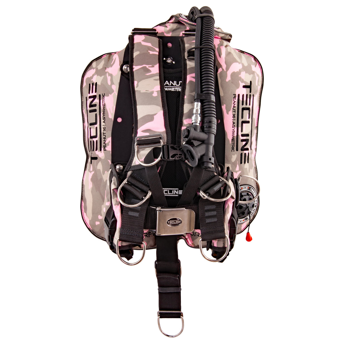 Tecline Peanut 16 Lady Comfort set in camo pink, harness side with the black aluminium backplate