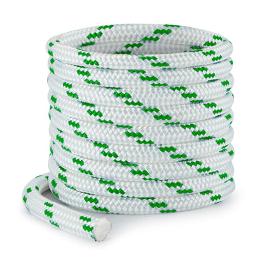Southern Ropes 8 mm yacht braid in white with a green marker, coiled