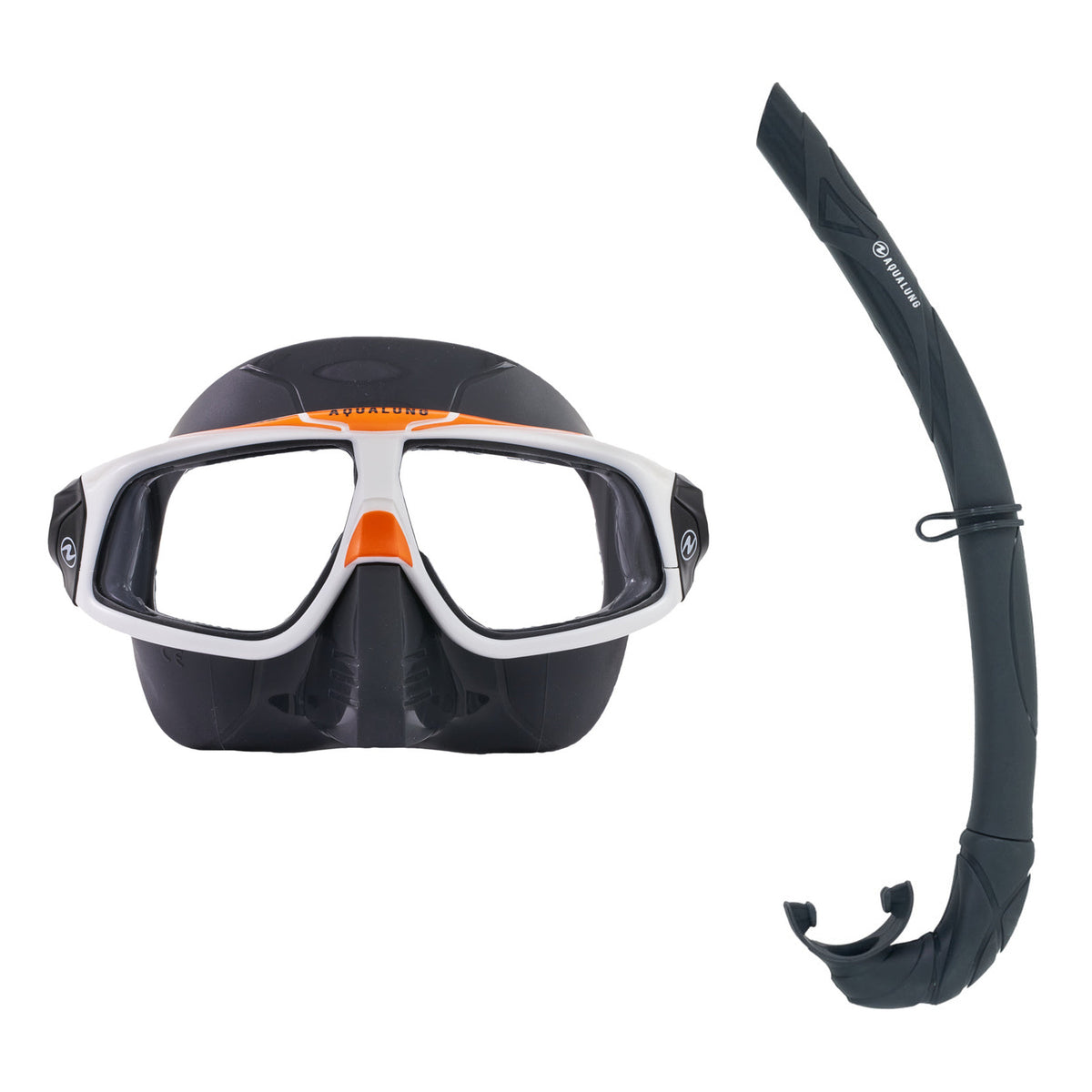 Aqua Lung Sphera X mask in asphalt with a white and orange frame, and Wrap snorkel in grey