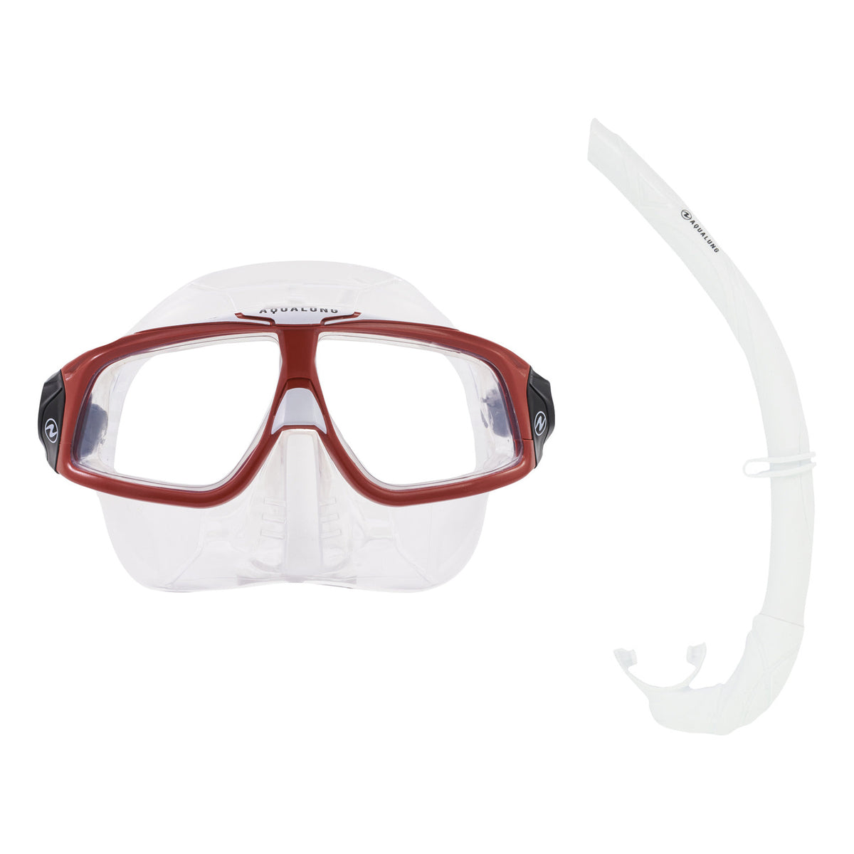 Aqua Lung Sphera X mask in brick and white, and Wrap snorkel in white