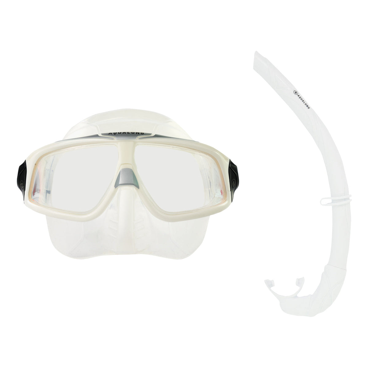 Aqua Lung Sphera X mask in white with a red mirror lens, and Wrap snorkel in white