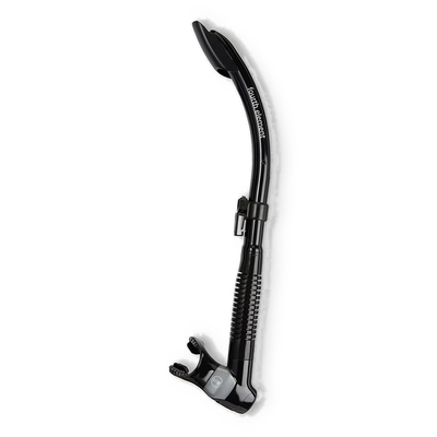 Fourth Element Splash snorkel in black, shown in profile with the splash guard and corrugated lower section