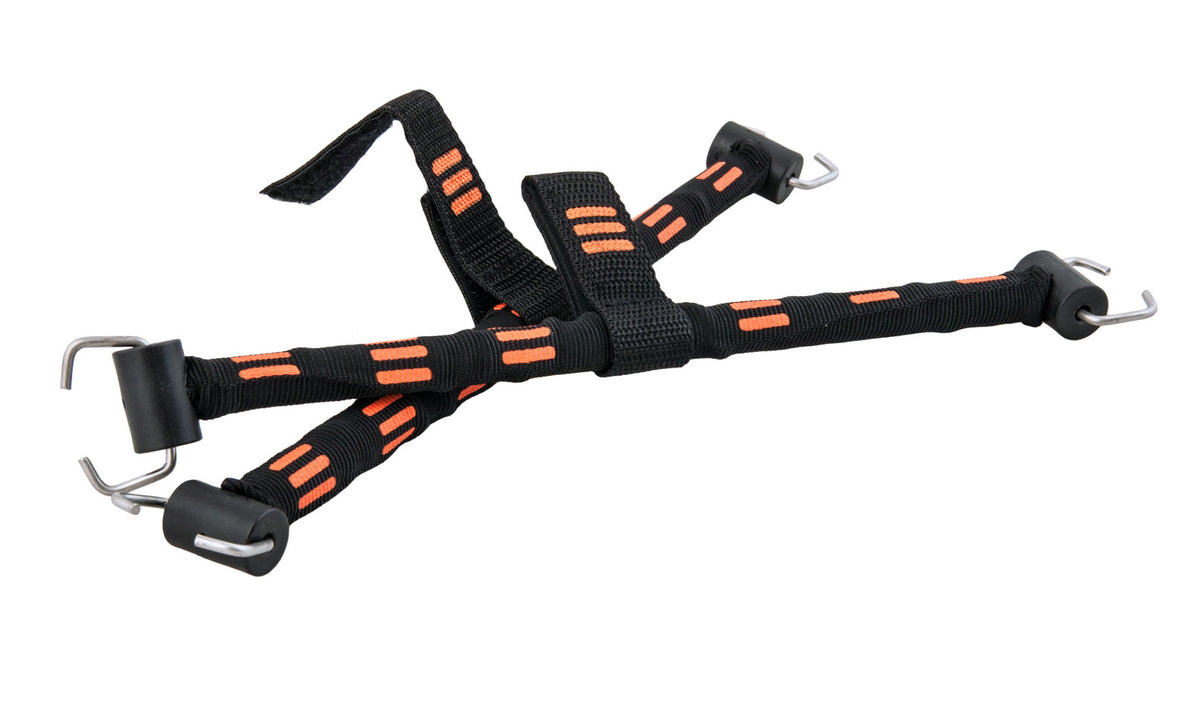 Tecline stainless steel spring straps for PowerJet fins in a black and orange webbing sleeve