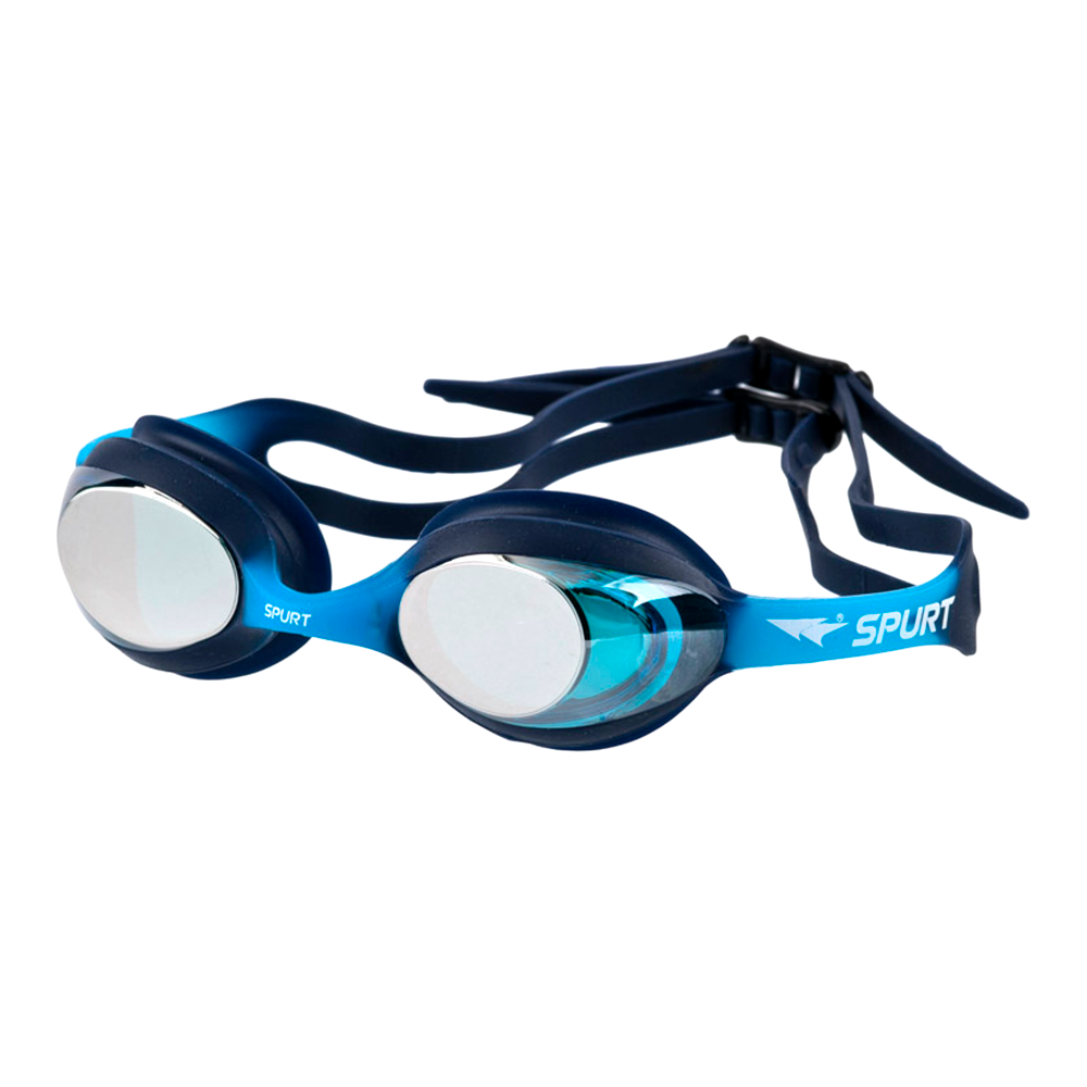 Spurt blaze junior goggles, navy and sky blue frame with mirror silver/blue lens