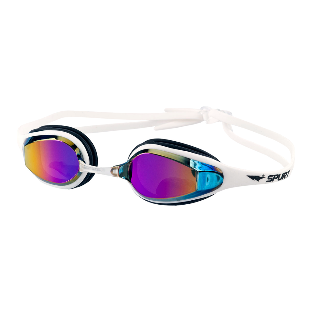 Spurt elite racer goggles, black and white frame with mirror oil-slick purple and gold lens