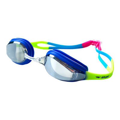 Spurt elite racer goggles, purple, bright pink, light blue and bright green frame with mirror silver lens