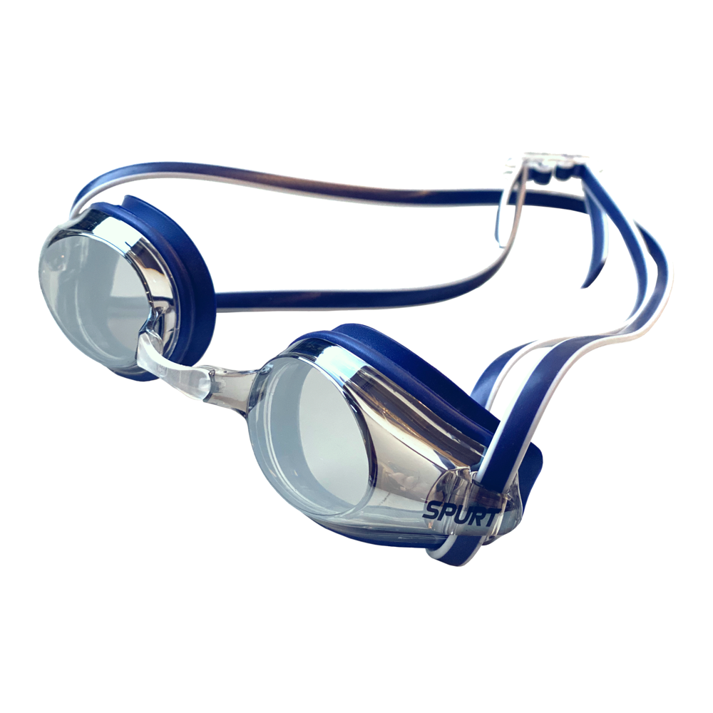 Spurt intermediate racer goggles, navy and white frame with mirror silver lens