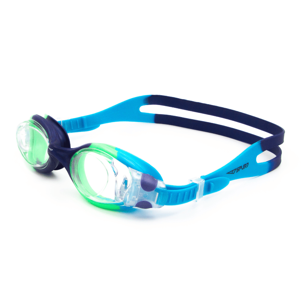 Spurt jellyfish goggles, red, orange, yellow, neon green, light pink, blue violet and sky blue frame with clear lens