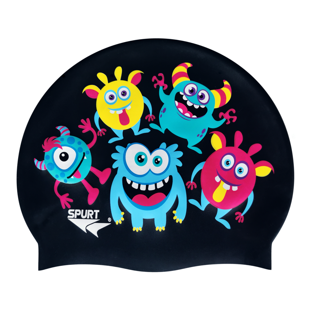 Spurt junior printed silicone swim cap, Cute Monsters on Sunflower Yellow