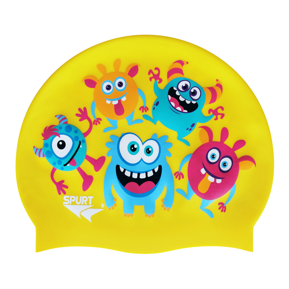 Spurt junior printed silicone swim cap, Cute Monsters on Sunflower Yellow