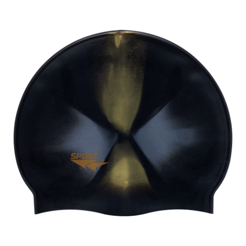 Spurt multi-colour silicone swim cap, Black and Gold Dapple