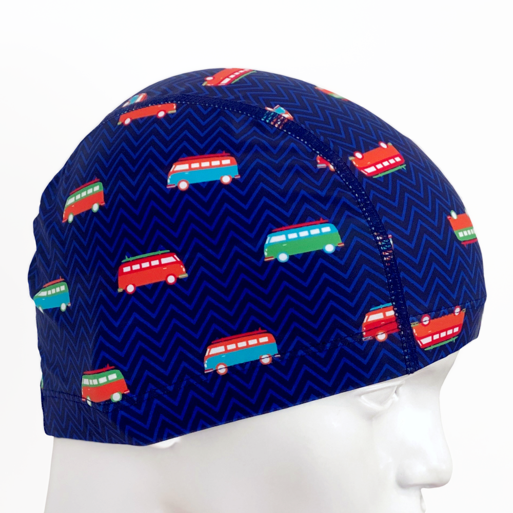 Spurt printed lycra swim cap, Circus on Navy