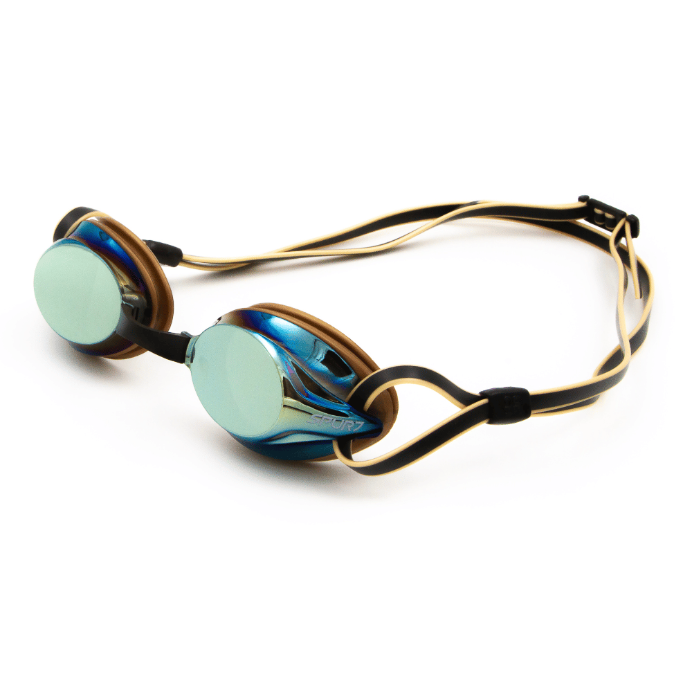 Spurt tempo goggles, black and gold frame with mirror oil-slick blue and gold lens