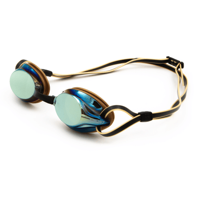 Spurt tempo goggles, black and gold frame with mirror oil-slick blue and gold lens