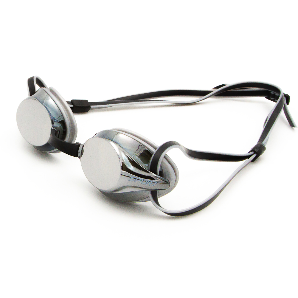 Spurt tempo goggles, black and gold frame with mirror oil-slick blue and gold lens