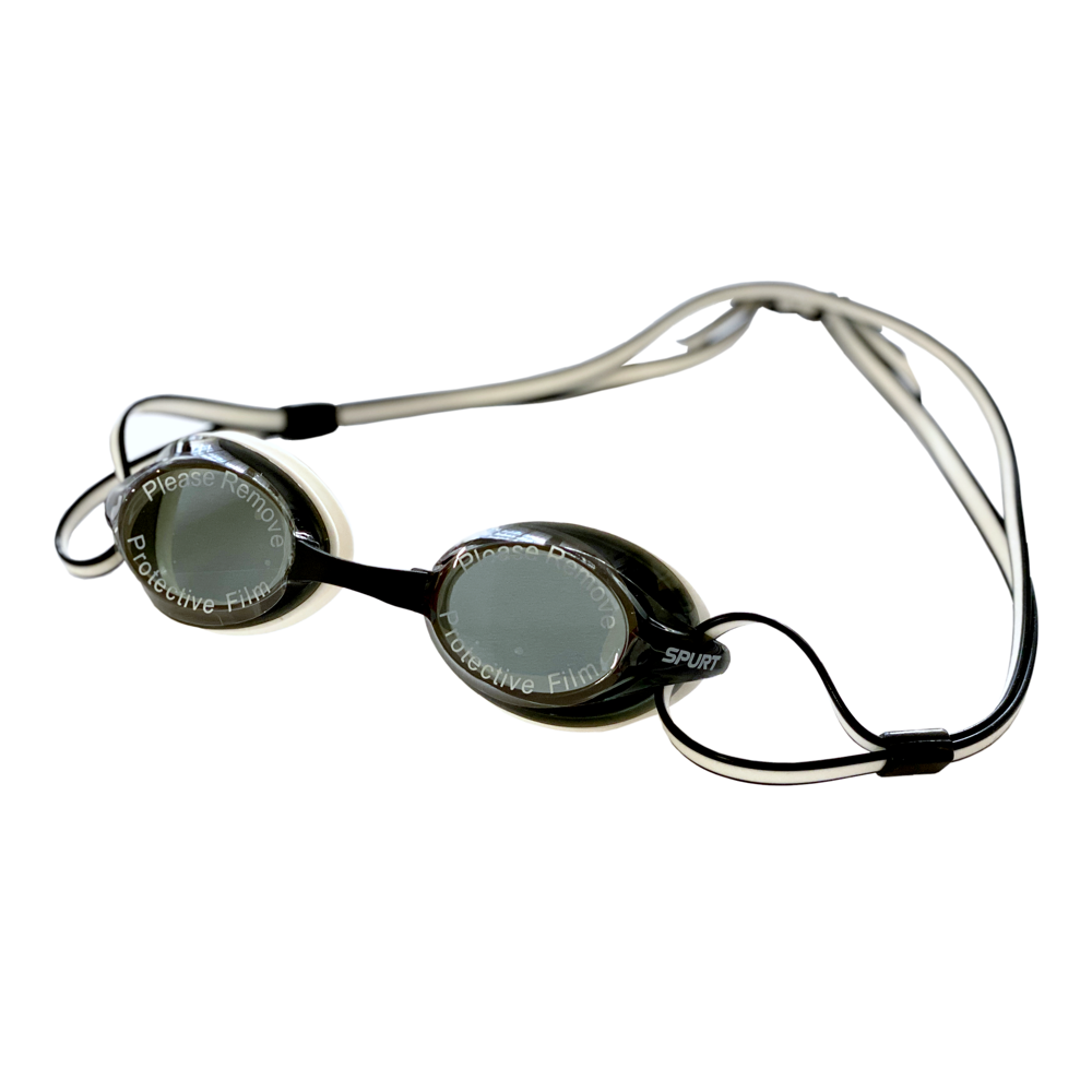 Spurt tempo goggles, black and gold frame with mirror oil-slick blue and gold lens
