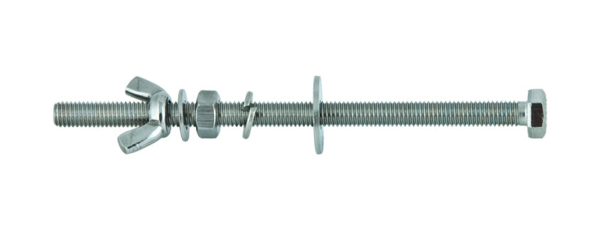 Tecline stainless steel tank band screw with washers and wing nut, laid out in assembly order