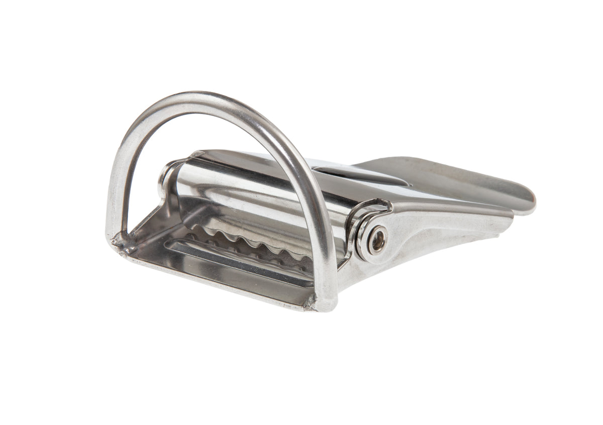 Tecline stainless steel 50 mm belt buckle with D-ring and oval logo badge, front view