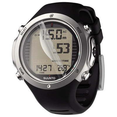 Suunto D-series dive computer on a black strap, the range this scratch guard is cut for
