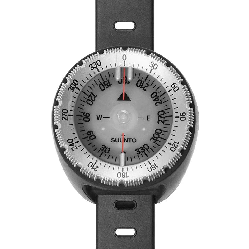 Suunto SK-8 dive compass on a wrist strap mount, face-on view of the bearing scale