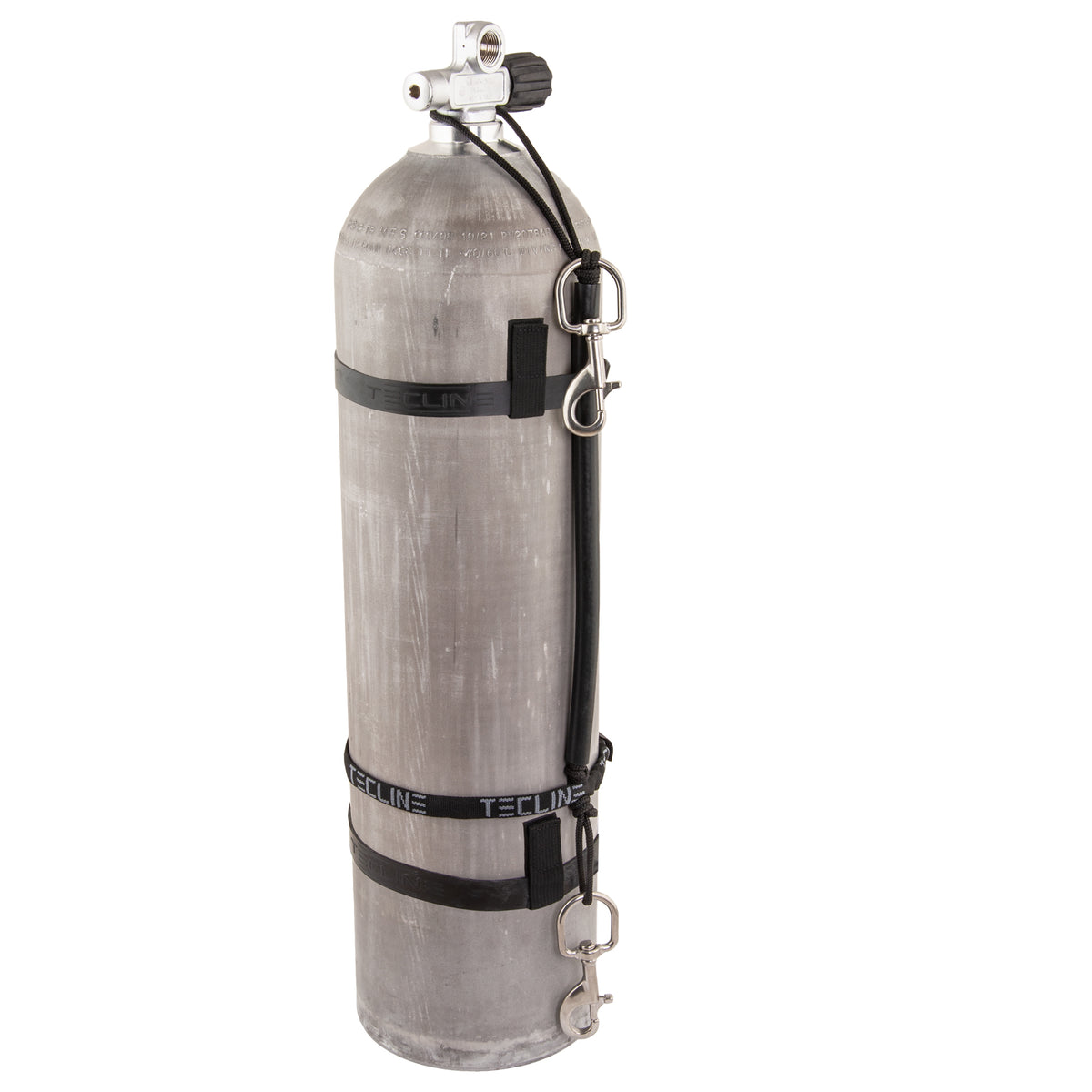 Tecline stage rigging kit with rubber bands laid out: tank band in sleeve, leash with two stainless bolt snaps and two rubber bands
