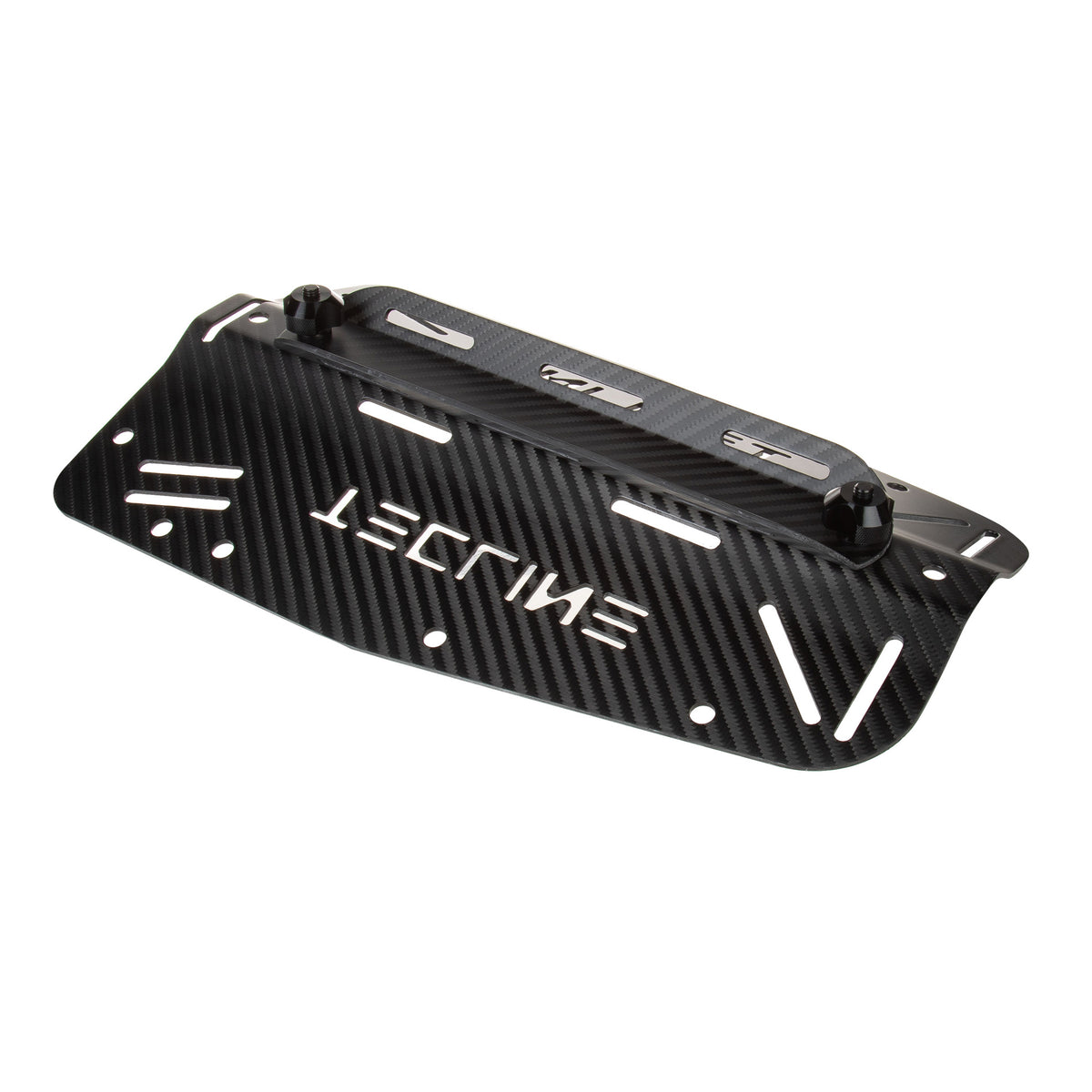 Tecline carbon standard backplate beside its carbon single tank adapter